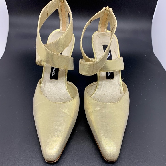 Nina Gold Pumps Heels Metallic Fabric Upper Leather Sole Cross Strap Size 7.5 - Picture 2 of 10
